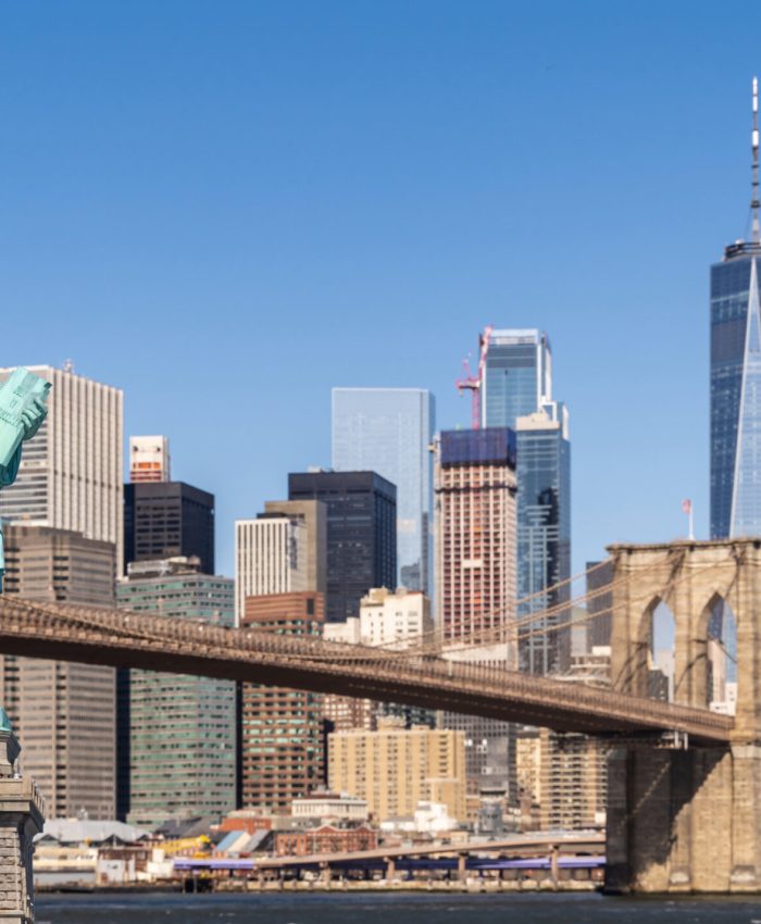 Brooklyn bridge with cityscape of Lower Manhattan skyscrapers skylines bulding New York City in New York State NY , USA. Lower Manhattan is the largest financial district in the world.